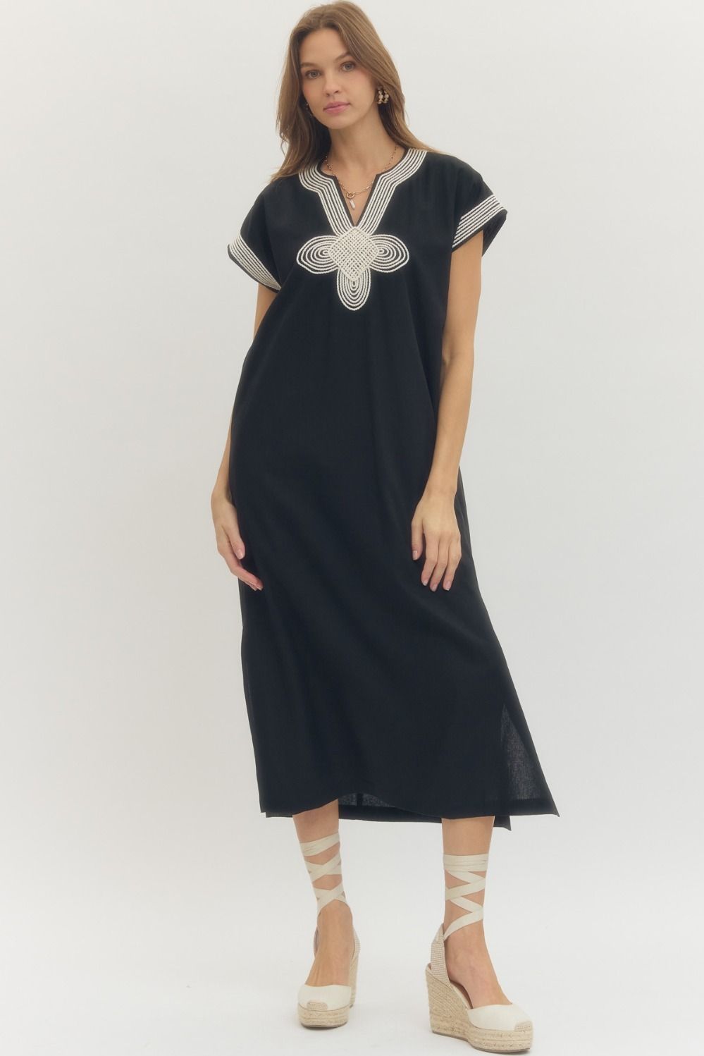 Black Geometric Applique Midi Dress
