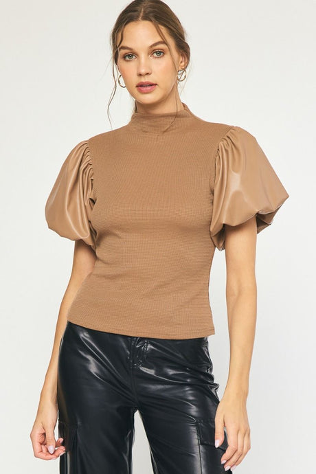 Tan Leather Puff Sleeve Top