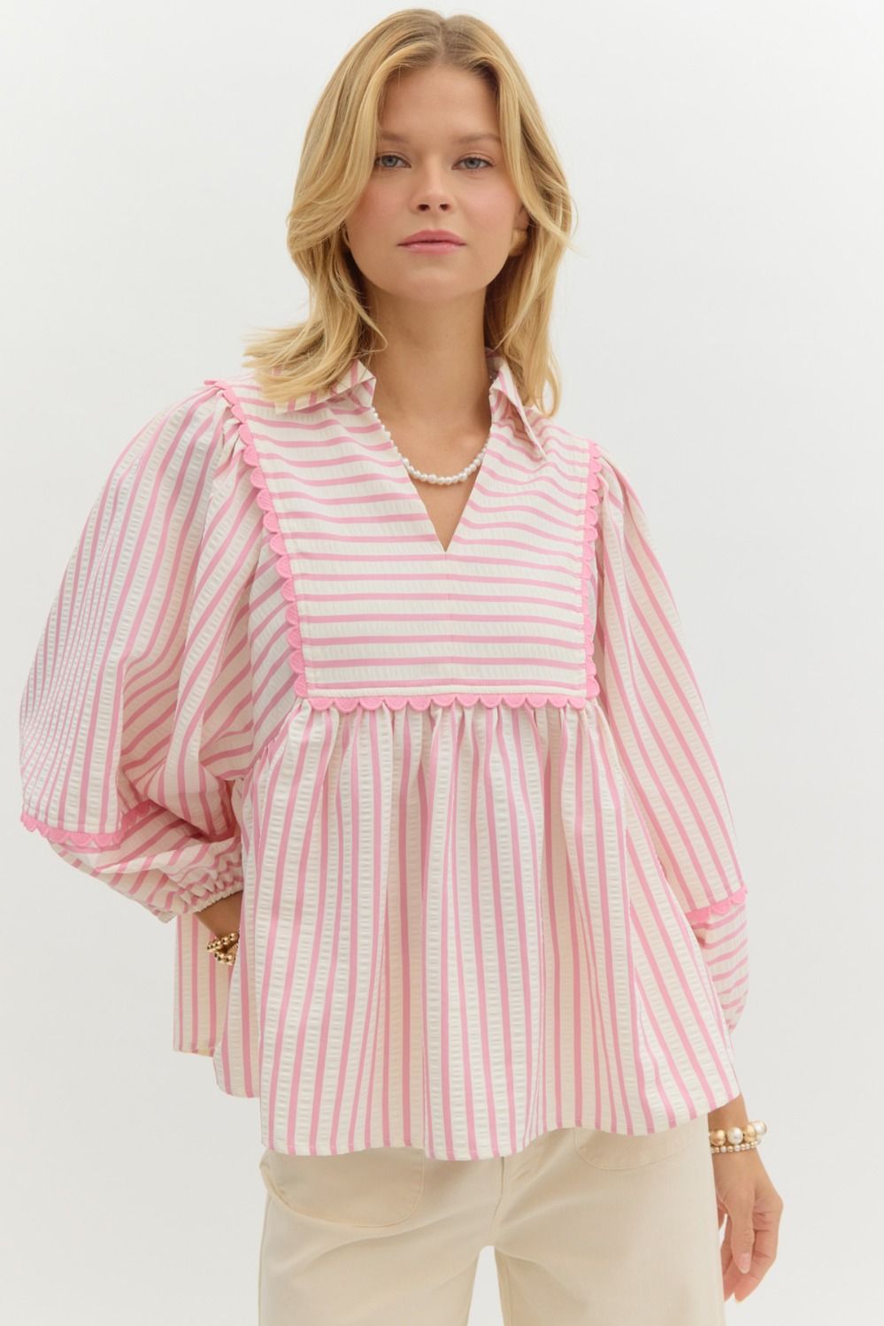 Pink Striped Scalloped Top