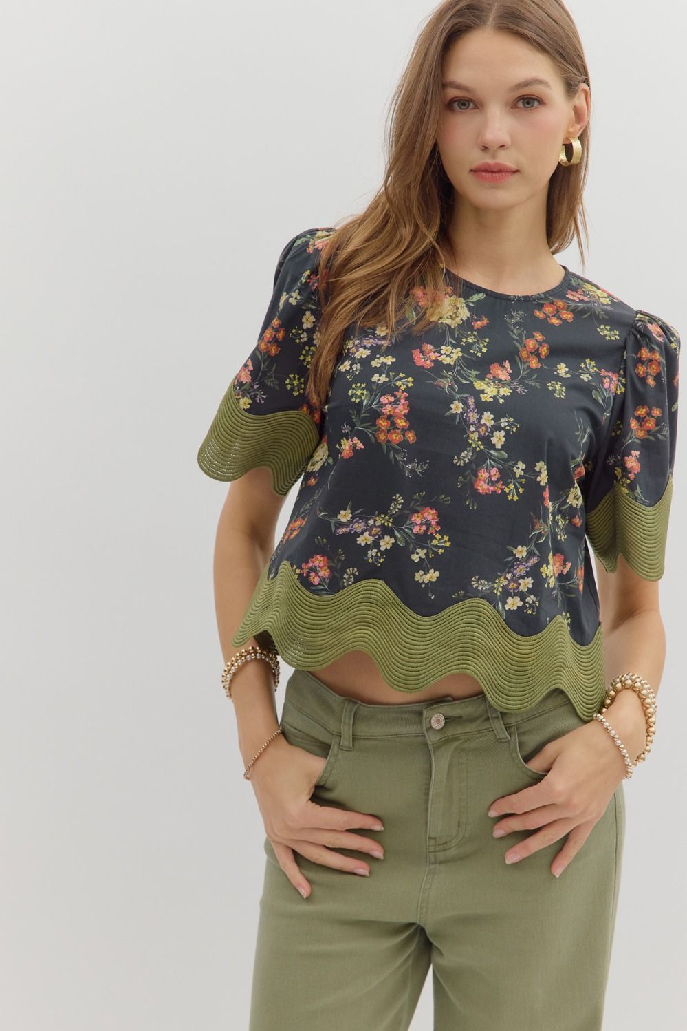 Midnight Meadow Scalloped Top