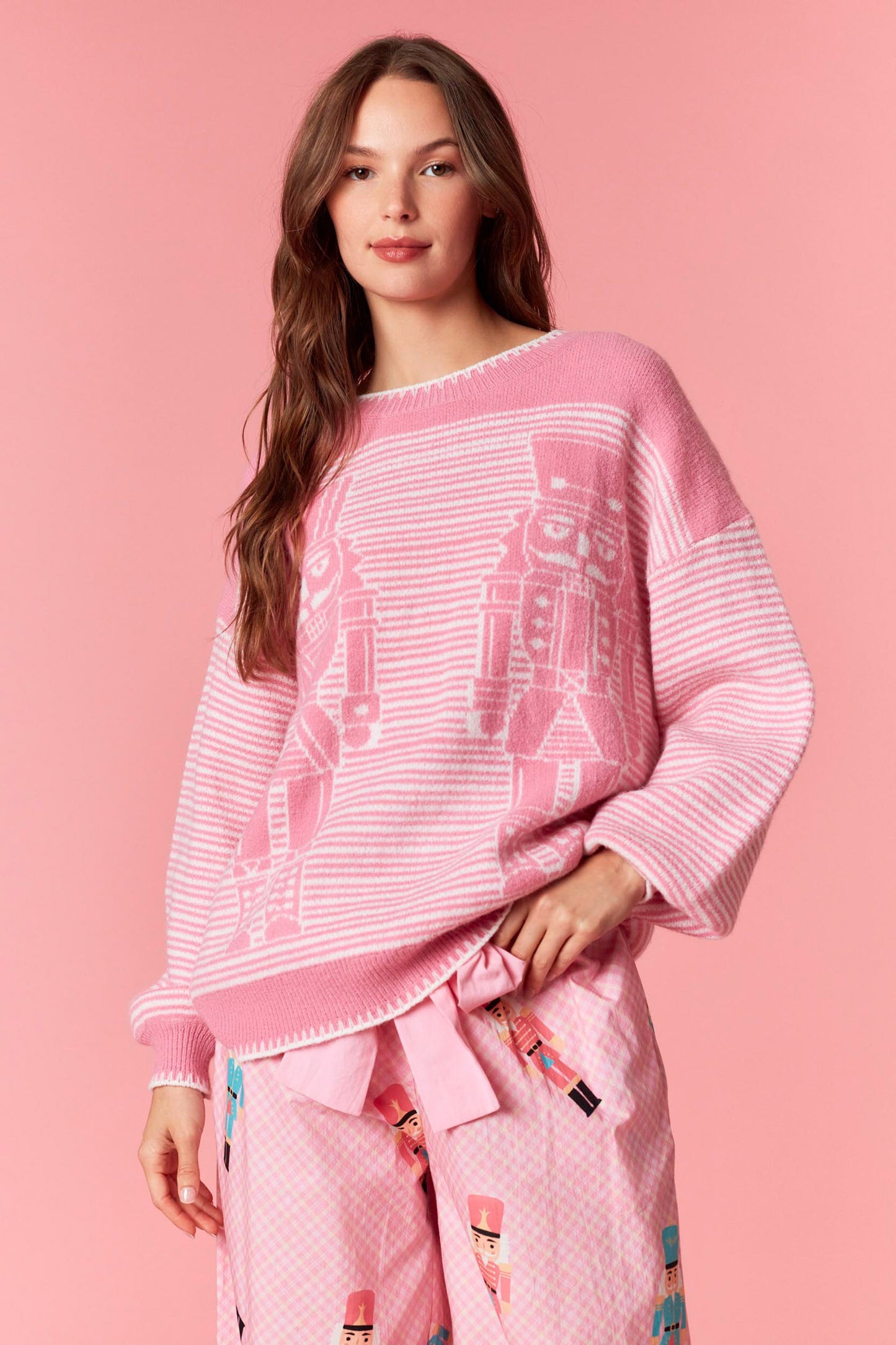 Pink Nutcracker Blanket Stitch Sweater