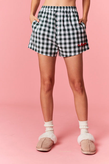 Hunter Green Gingham Shorts W/Merry Lettering