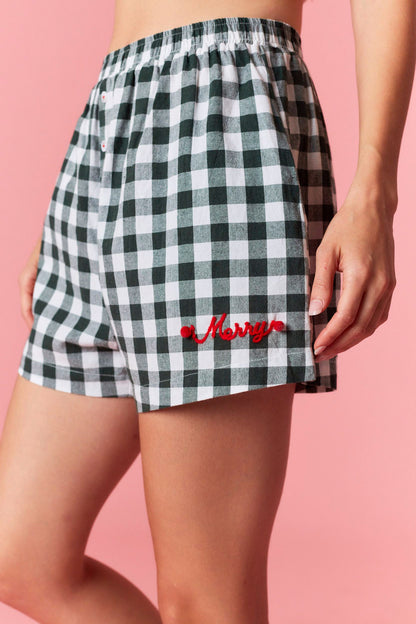 Hunter Green Gingham Shorts W/Merry Lettering
