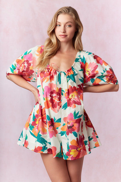 Floral Print Puff Sleeve Romper