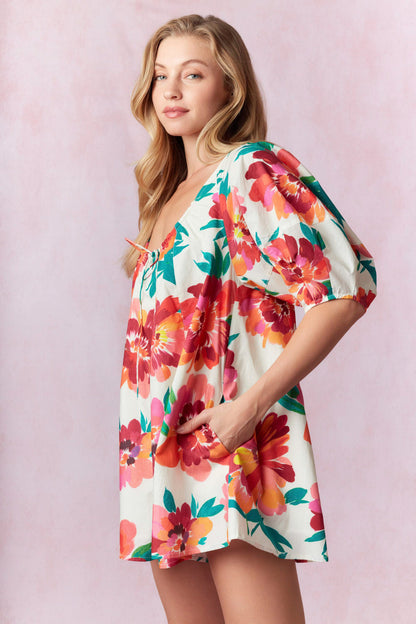 Floral Print Puff Sleeve Romper
