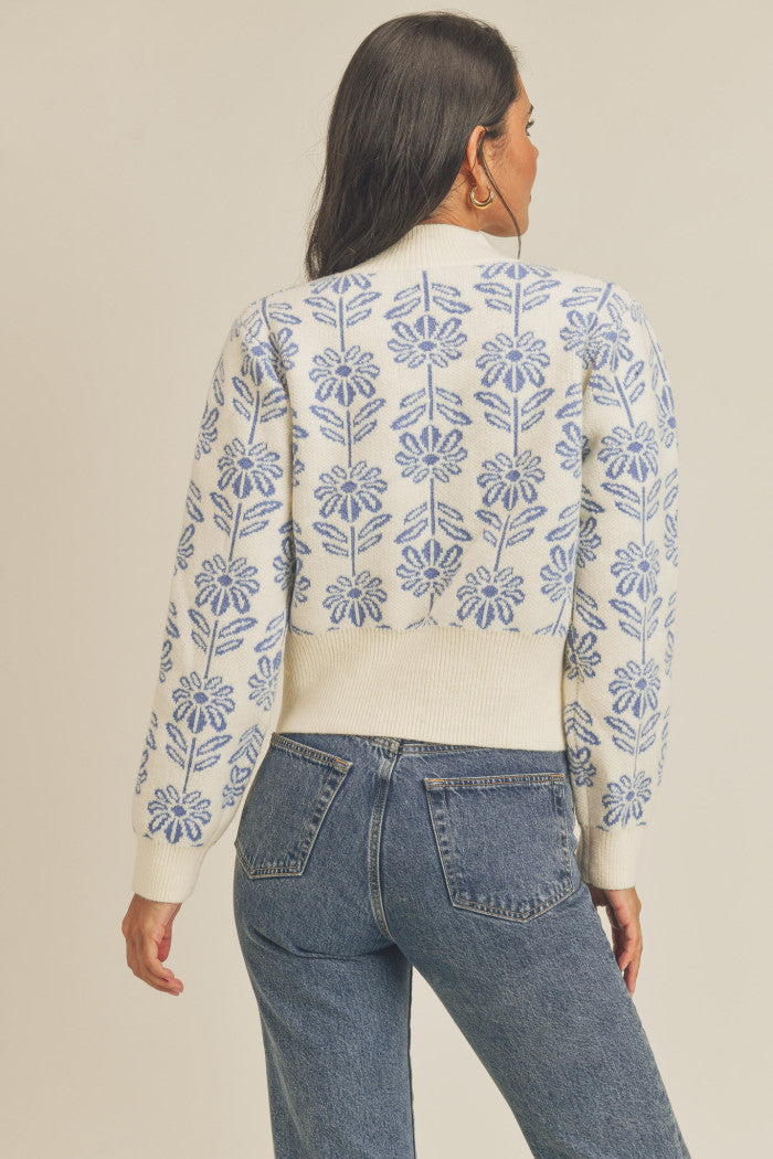 Blue Floral Printed Sweater