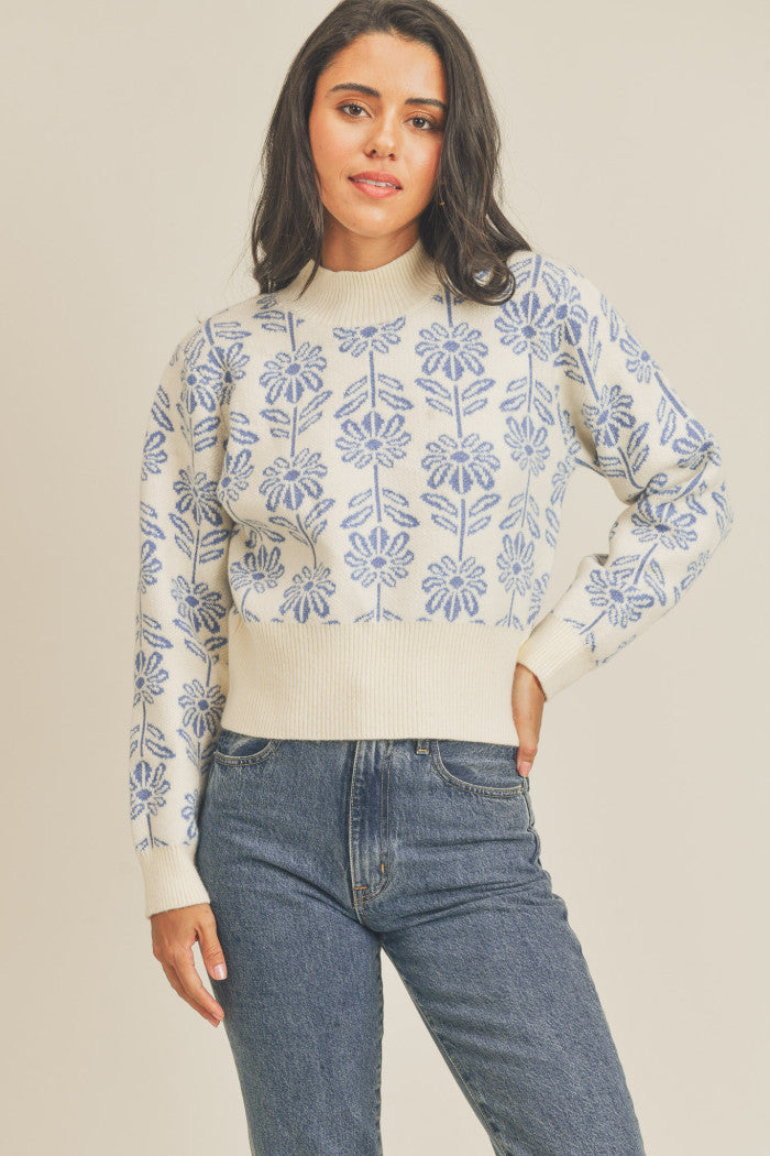 Blue Floral Printed Sweater