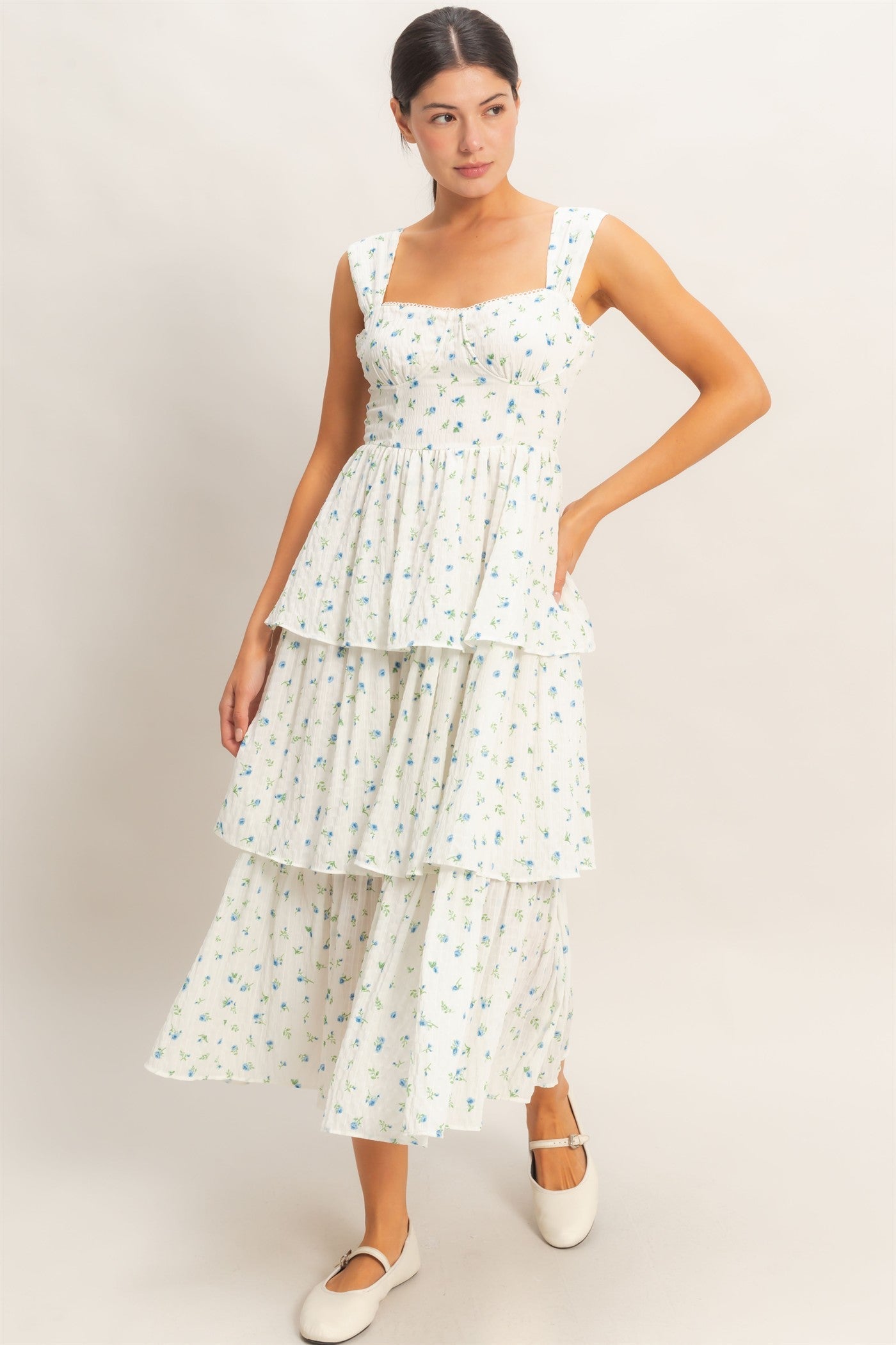 Ivory Floral Ruffle Maxi Dress