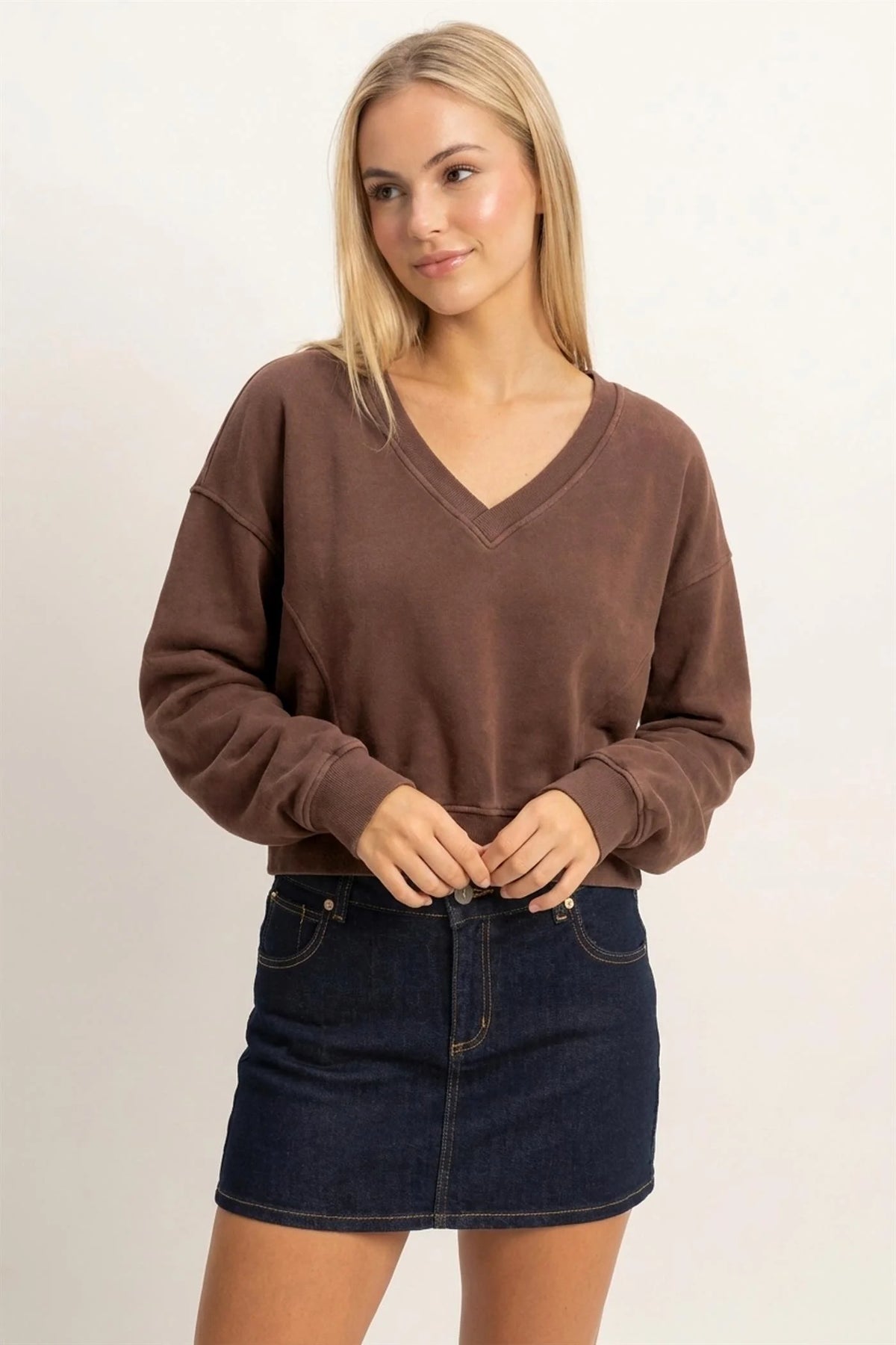Pretty in Comfort Brown V Neck Sweatshirt