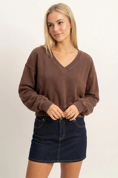 Pretty in Comfort Brown V Neck Sweatshirt
