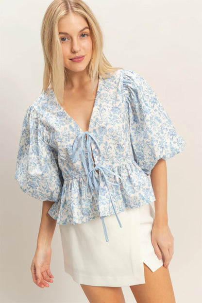 Blue Garden Tie Front Peplum Top