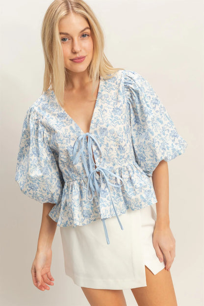 Blue Garden Tie Front Peplum Top