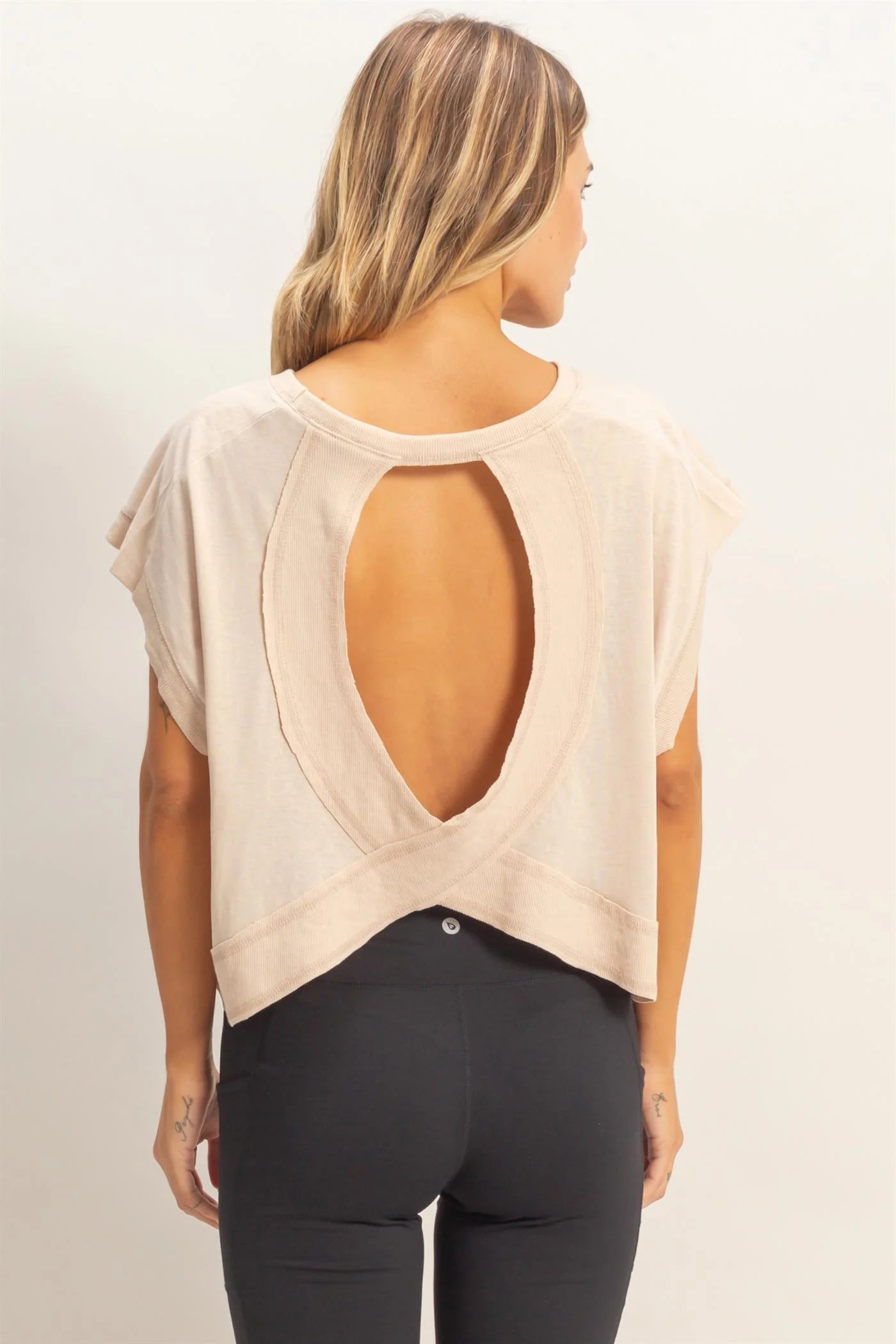 Throw On Open Back Beige Top
