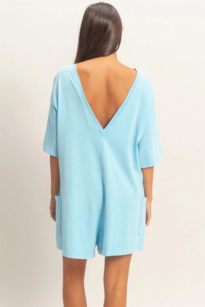 Simple Styled Blue V Back Romper