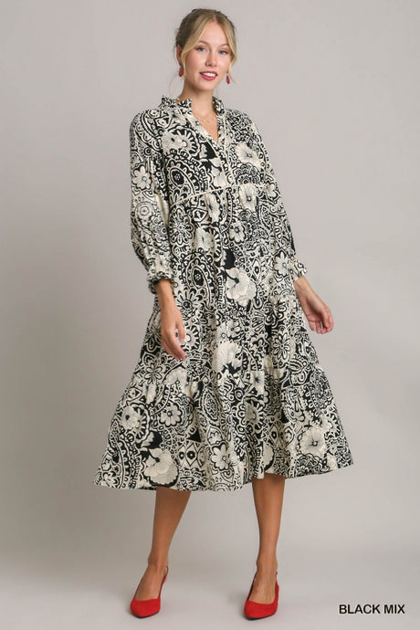 Black Two Tone Floral Midi Dress