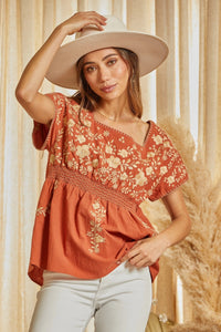 Rust Embroidered Top