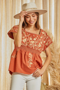 Rust Embroidered Top