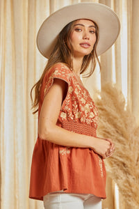 Rust Embroidered Top