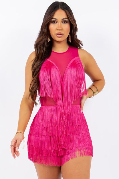 Fuchsia Mesh Fringe Romper