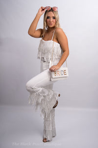 White Fringe High Waist Pants