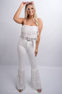 White Fringe High Waist Pants