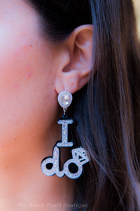 Silver "I DO"Glitter Acrylic Earrings