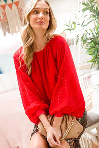 Red Sequins Balloon Sleeve Top