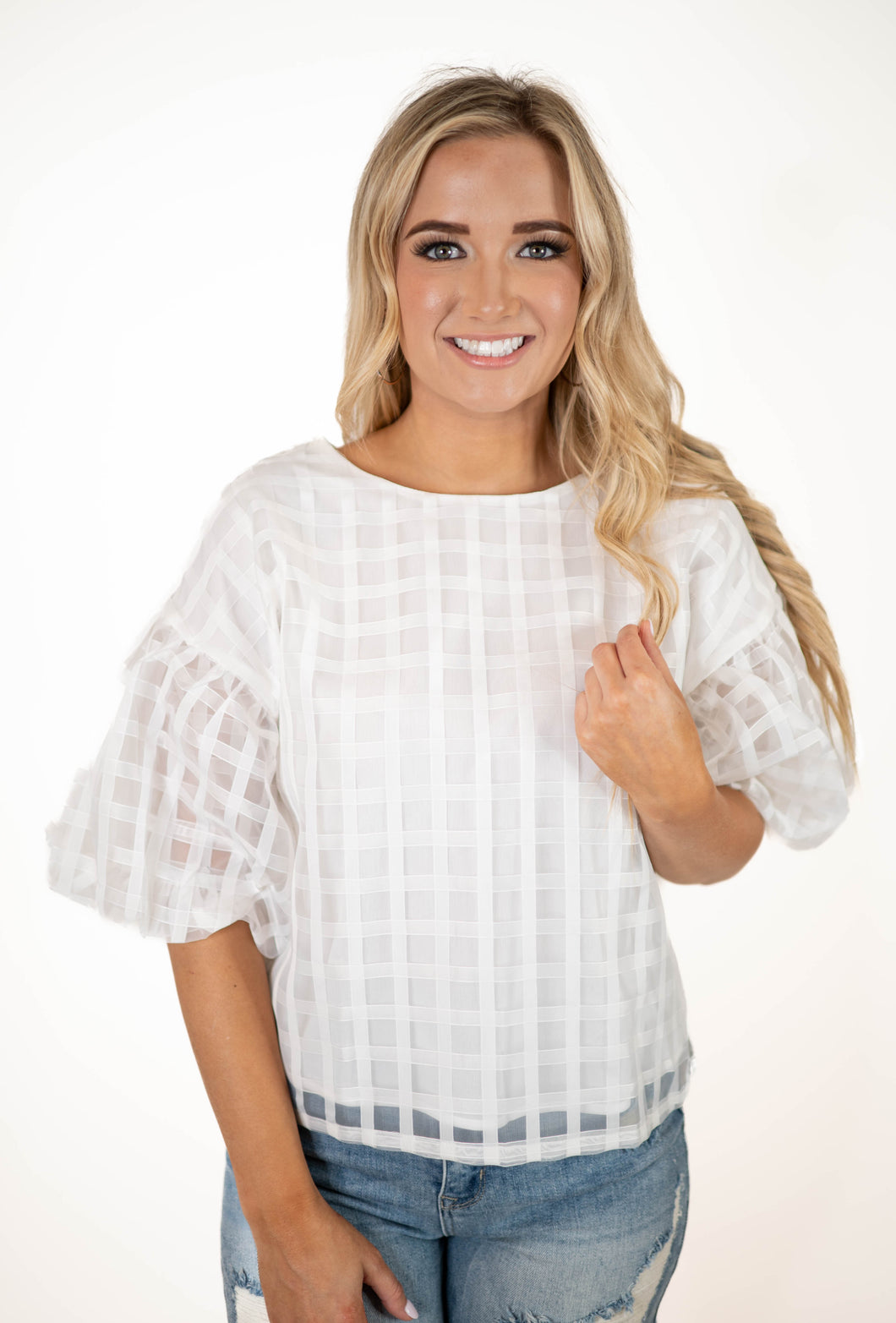 White Top Checkered Puff Sleeve Top
