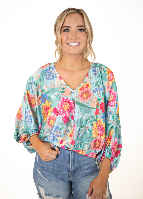 Blue Satin Floral Top