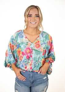 Blue Satin Floral Top