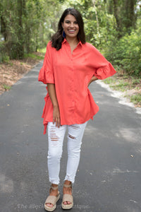Orange Ruffled Button Down Top