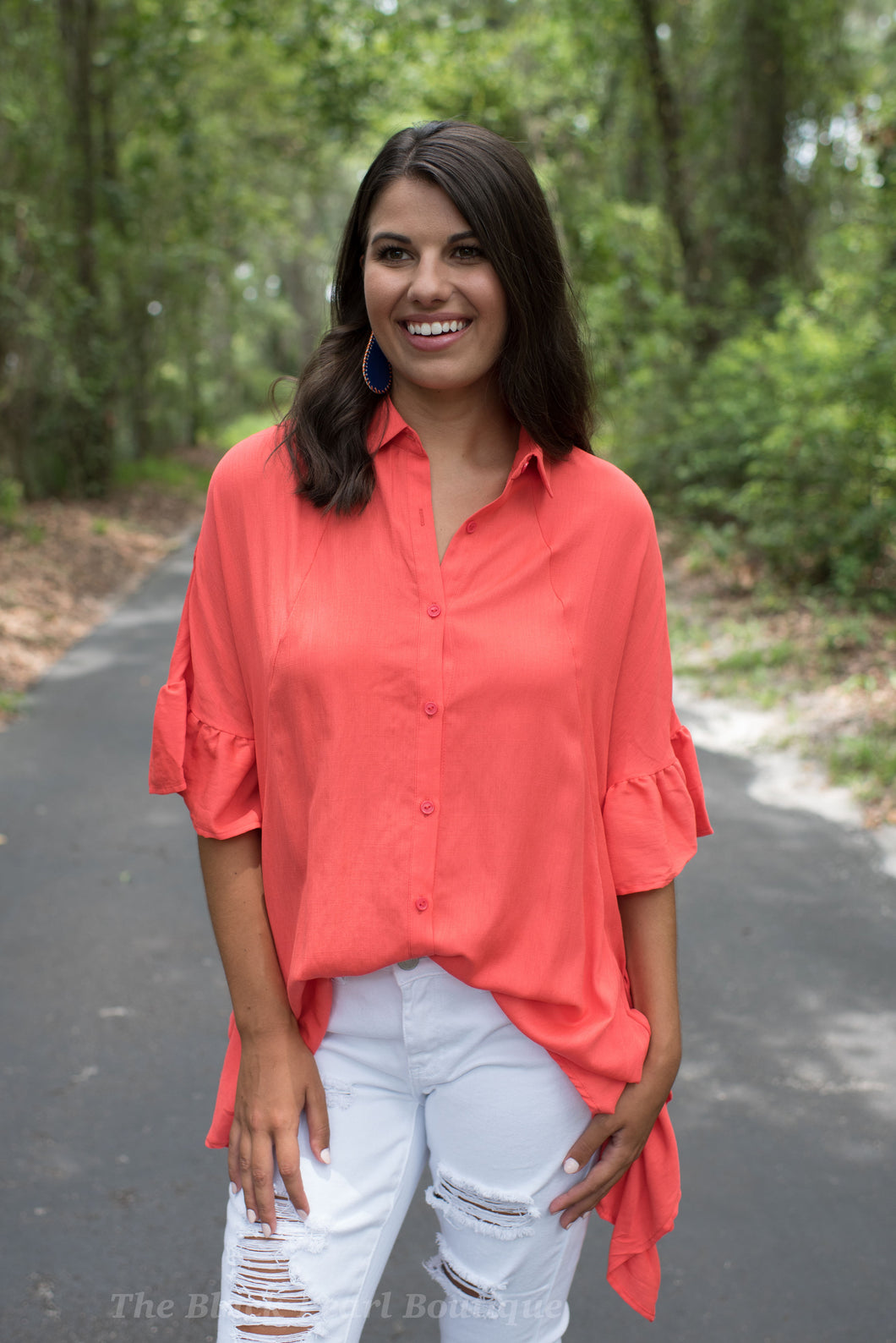 Orange Ruffled Button Down Top