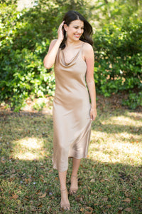 Taupe Cowl Neck Midi Dress
