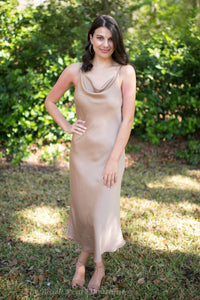 Taupe Cowl Neck Midi Dress