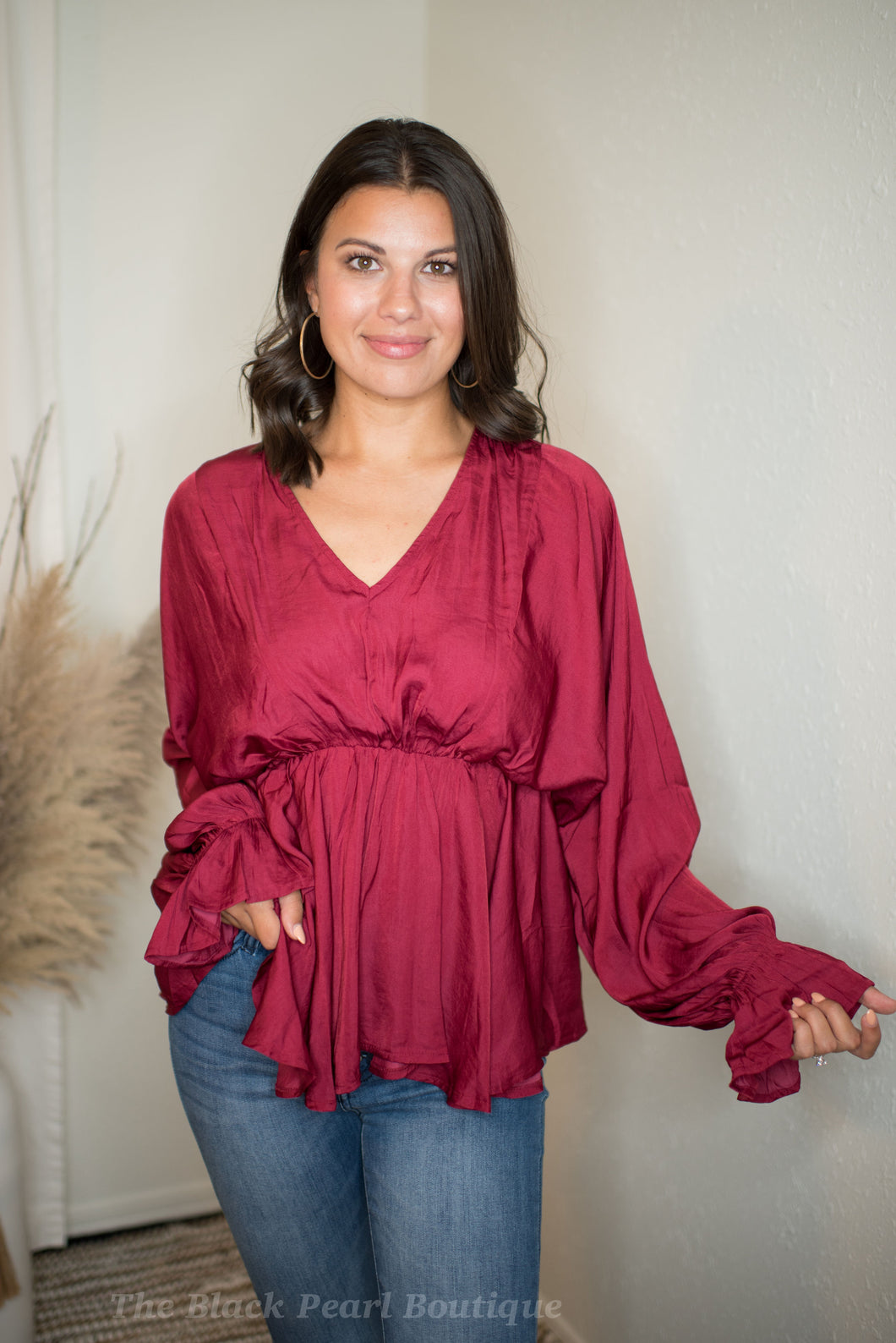 Wine V Neck Blouse