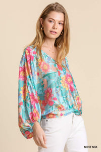 Blue Satin Floral Top