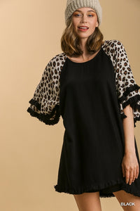Black Animal Sleeve Linen Top
