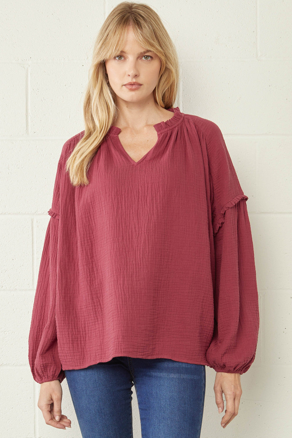 Burgundy Crinkled V Neck