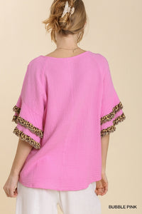 Pink Ruffle Sleeve Leopard Top