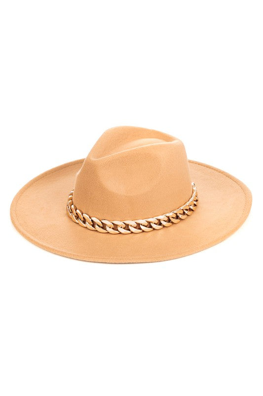 Tan Fedora Hat W/Chain